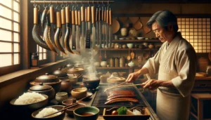 a chef in a traditional Japanese kitchen meticulously preparing Unagi Don, emphasizing the culinary expertise and cultural heritage that this dish represents.