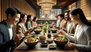 modern Japanese restaurant setting where diners are enjoying Unagi Don, highlighting the social and cultural enjoyment of this beloved dish.