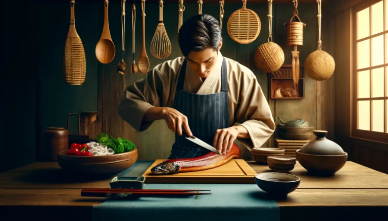 a chef in traditional Japanese attire meticulously preparing Unagi
